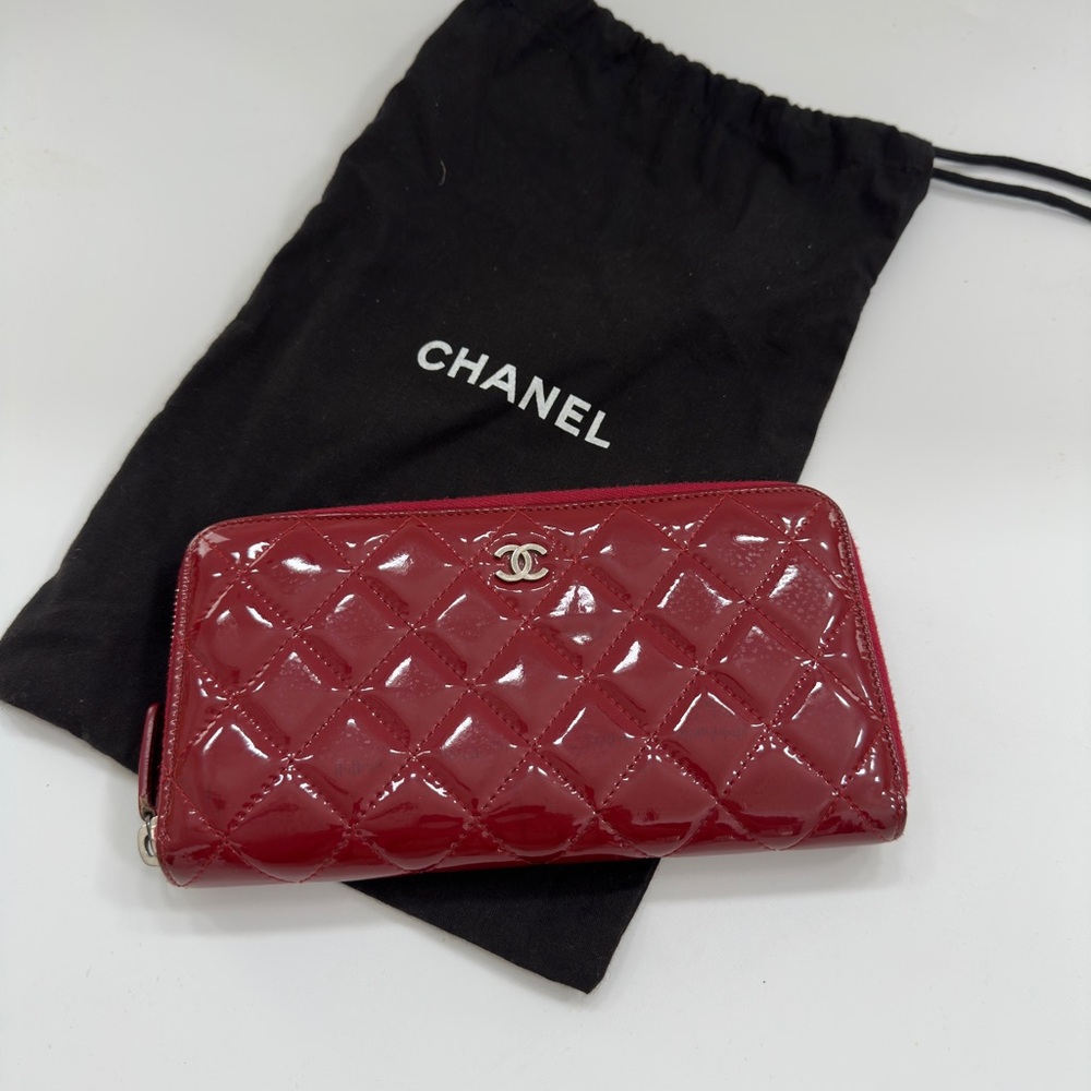 CHANEL Patent Quilted Large Gusset Zip Around Wallet Red
